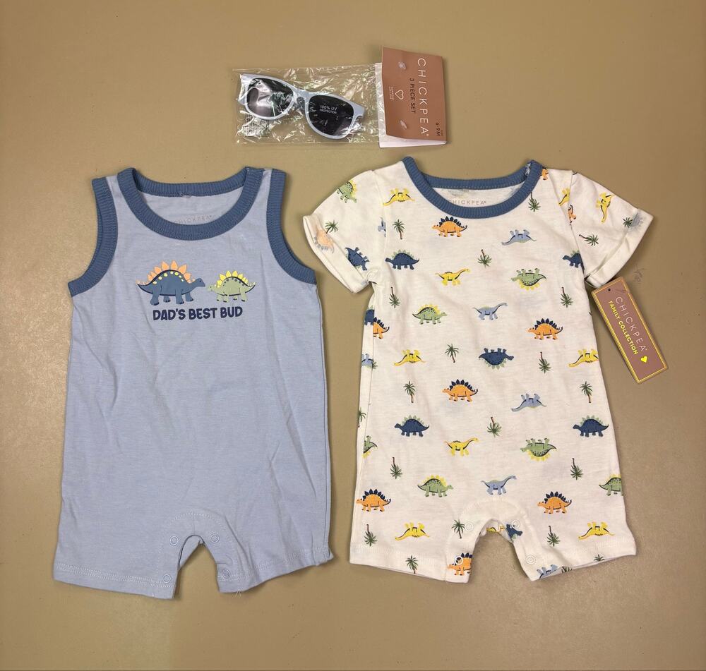 Chickpea Baby Boy 3 Piece Dinosaur Romper Set Sunglasses 6-9M NWT